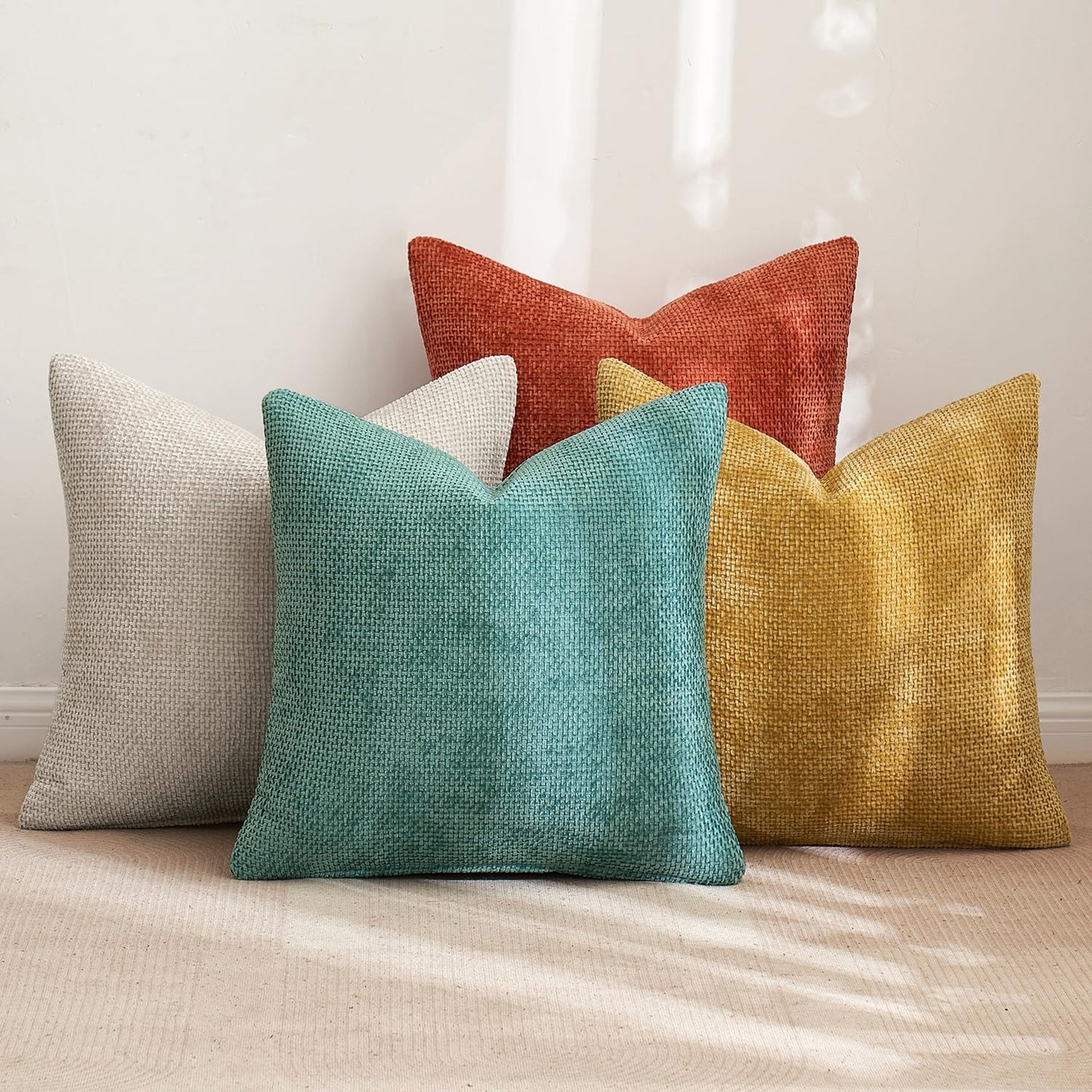 MIULEE Pack of 4 Couch Throw Pillow Covers 20x20 Inch Neutral Orange/Teal Soft Decorative Chenille Pillow Covers Farmhouse Accent Cushion Covers for Boho Home Decor Spring Sofa Bedroom Living Room