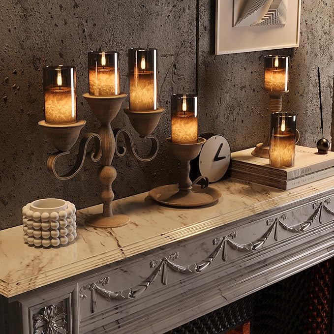 Ice Crystal Real Wax Glass Flameless Candles with Remote & Timer, Battery Operated Candles with Warm Flickering Flame, Realistic LED Candle for Wedding Home Decor [D3×H4/5"/6"] Grey, 3Pack