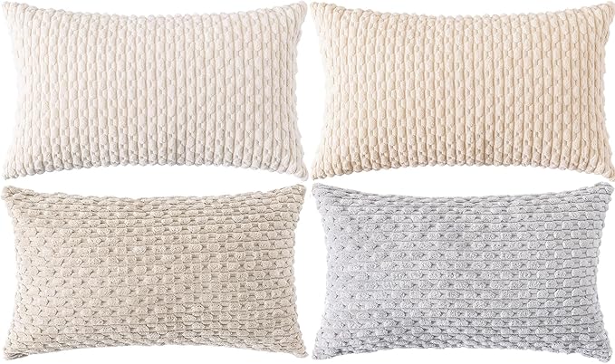 Set of 4 Neutral Decorative Throw Pillow Covers 12x20 Inch Corduroy Pillow Covers for Bed Couch Sofa Living Room Soft Cushion Cases
