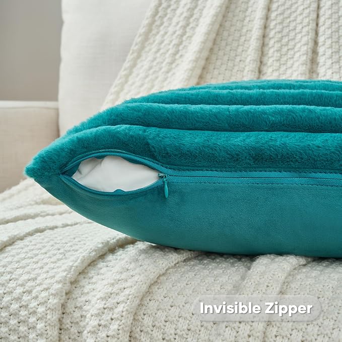 FUTEI Teal Green Striped Decorative Throw Pillow Covers 16x16 Inch Set of 2,Square Fall Decorations Couch Pillow Case,Soft Cozy Faux Rabbit Fur & Velvet Back,Modern Home Decor for Bed