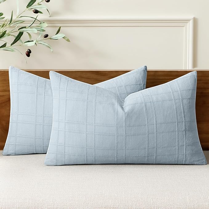 MIULEE Decorative Linen Check Lumar Throw Pillow Covers Neutral Farmhouse Vintage Pillow Covers 12x20 Set of 2 Boho Modern Home Decor for Sofa Couch Bedroom Cushion Coastal Blue