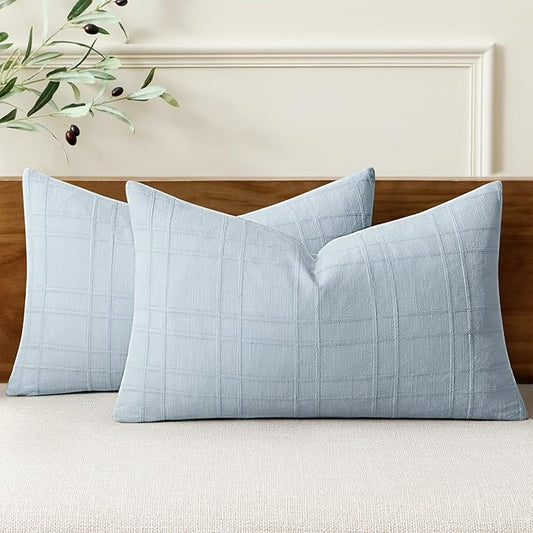MIULEE Decorative Linen Check Lumar Throw Pillow Covers Neutral Farmhouse Vintage Pillow Covers 12x20 Set of 2 Boho Modern Home Decor for Sofa Couch Bedroom Cushion Coastal Blue