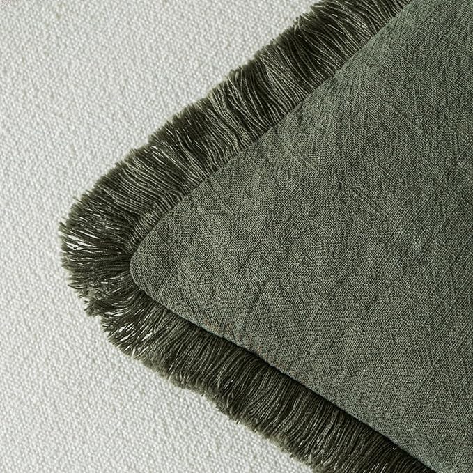MIULEE Decorative Throw Pillow Covers Neutral Linen Fringe Throw Pillows Set of 2 Rifle Green Boho Farmhouse Cushion Covers with Tassels for Couch Sofa Bed Living Room Spring Home Decor 18x18 Inch