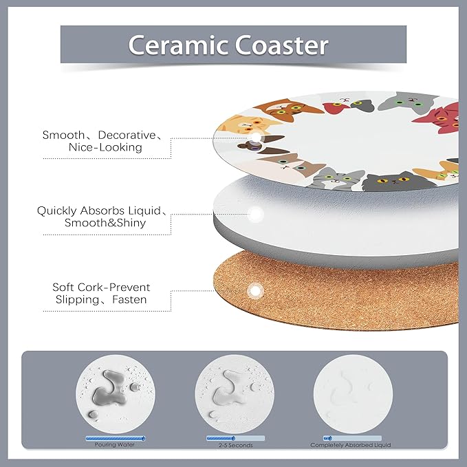 6 Pcs Coasters for Drinks with Holder,Cute Cats and Dogs Absorbent Coaster with Cork Backing,Great Gift for Housewarming,Room Decor,Bar,Holiday Party