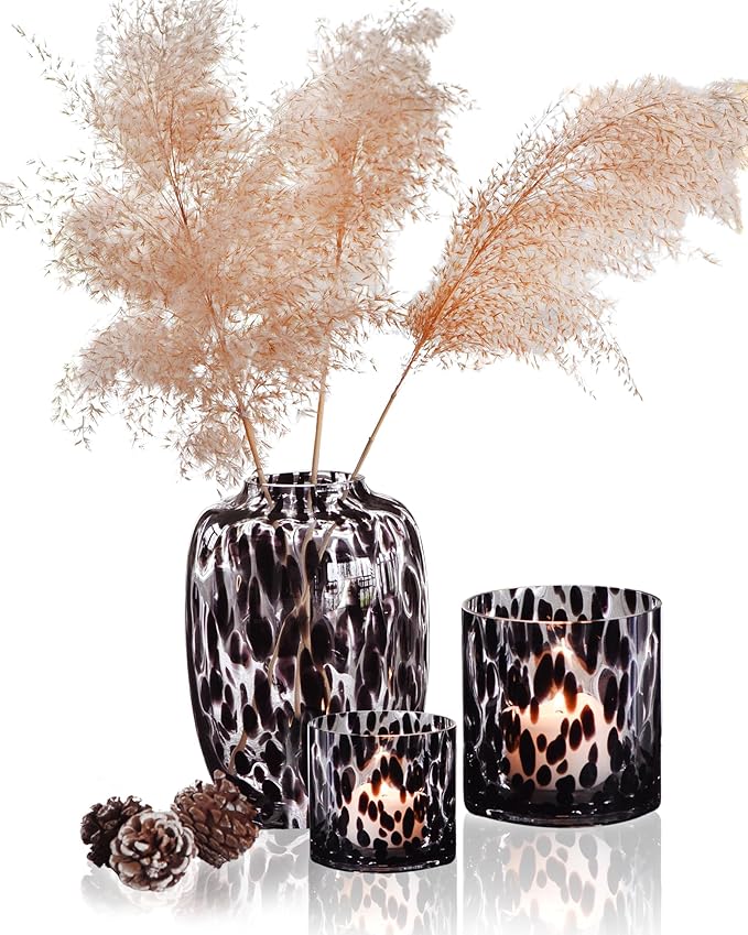 CONVIVA Decorative Glass Vase and Candle Holder Set, Fall Home Decor 3-Piece, Black Tortoise Pattern