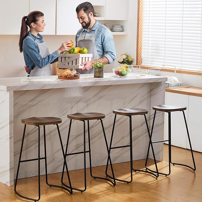 HeuGah Bar Stools Set of 4, Saddle Seat Wooden Barstools for Kitchen Island, 30" Brown Bar Height Stools with Footrest (Brown, 4 PCS 30Inch Barstool)
