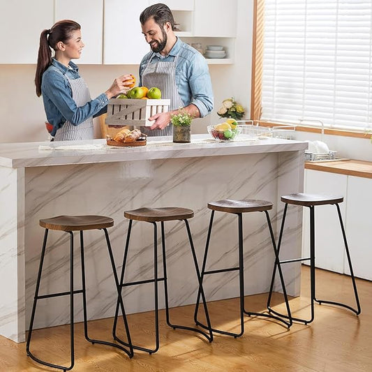 HeuGah Bar Stools Set of 4, Saddle Seat Wooden Barstools for Kitchen Island, 30" Brown Bar Height Stools with Footrest (Brown, 4 PCS 30Inch Barstool)