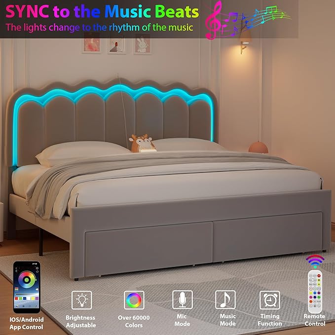 King Upholstered LED Bed Frame with 2 Storage Drawers and Adjustable Chic Double Wavy Headboard, Velvet Princes Platform Bed with Charing Station, Solid Wood Slats Support, No Box Spring Needed, Grey