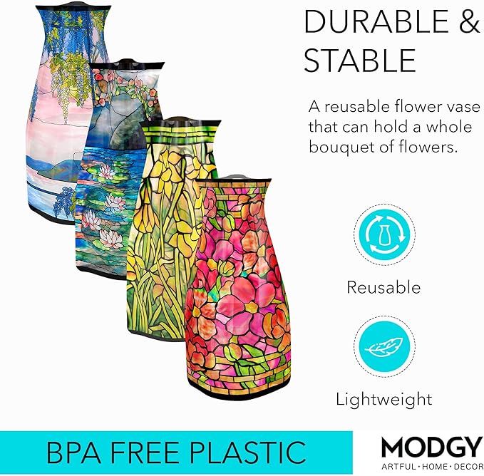 MODGY Expandable Flower Vase Set, Plastic Decorative Modern Foldable Printed Vases for Centerpieces for Wedding, Dining Table, Home Decor, Living Room, Bathroom, Office, Louis C. Tiffany, 4 Pack