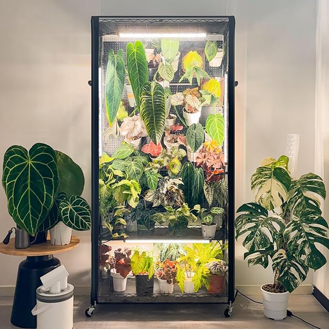 Bstrip Indoor Greenhouse with Grow Light & 4 Pegboard, Mini Green House with Adjustable Rack and Wheels, 4 x 24W Full Spectrum Grow Light Strip for Foliage Plants, Seedling, 35.4"x13.8"x71"