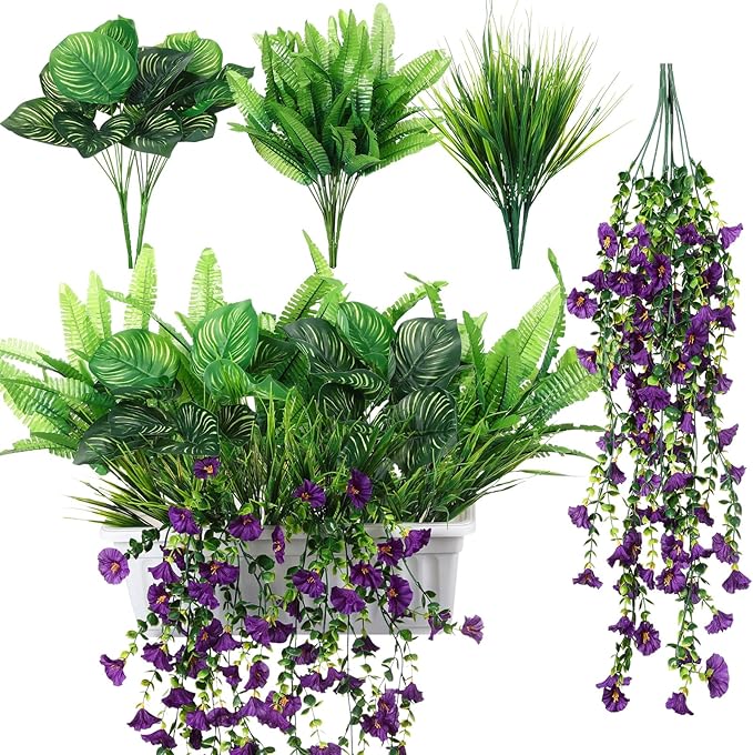 12 Pcs Artificial Greenery for Outdoor UV Resistant Fake Flowers and Greeneries Plastic Hanging Plants for Window Box Spring Summer Garden Patio Porch Yard Decoration(Classic Color)