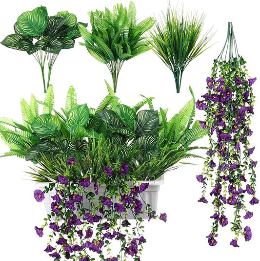 12 Pcs Artificial Greenery for Outdoor UV Resistant Fake Flowers and Greeneries Plastic Hanging Plants for Window Box Spring Summer Garden Patio Porch Yard Decoration(Classic Color)