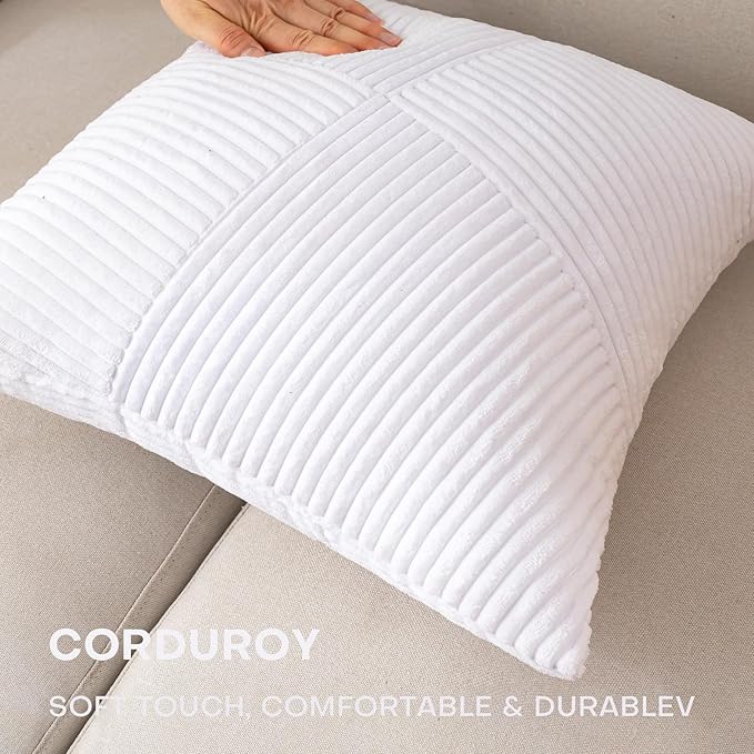 Decorative Throw Pillow Covers 18x18 Inch Set of 2 for Boho Living Room Farmhouse Home Decor, Spring Pillow Covers for Couch Bed, Soft Corduroy Striped Patchwork Cushion Cases, Pure White