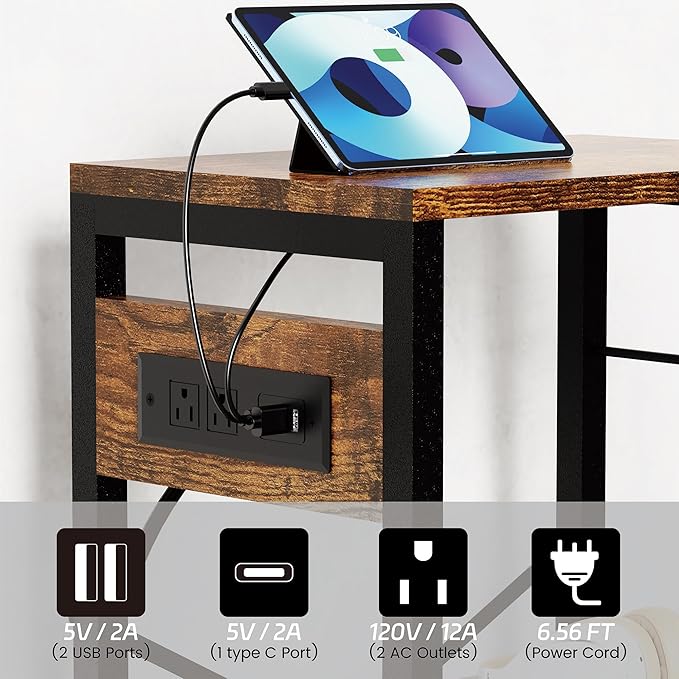 End Table with LED Light,Record Player Stand with Charging Station,Vinyl Records Storage,Turntable Stand Albums Storage for Music Room Studio-Modern Brown