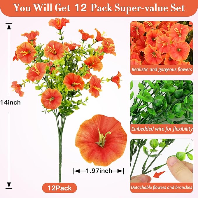 12 Bundles Fall Flowers Artificial for Decoration, Fake Flowers Artificial Plants Outdoor, Colorful Faux Morning Glory Realistic UV Resistant for Garden Patio Porch Home Decor (Orange)