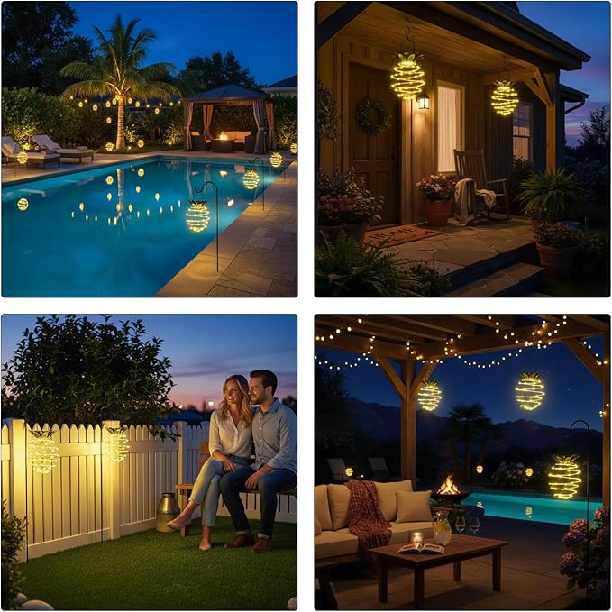 2 Pack Waterproof Solar Lanterns Outdoor, 60LED Hanging Lights with Pineapple Pattern, Solar Garden Lights Outdoor for Patio Yard Decor, Gift for Grandma Gardeners Women