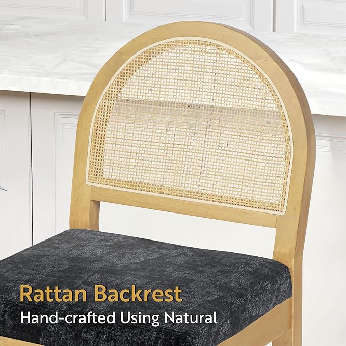 STHOUYN Upholstered Rattan Bar Stools Set of 4, Wooden Counter Height Stools with Natural Rattan Woven Back and Chenille Seat, Mid-Century Modern Island Chairs Barstools for Kitchen (4, Black)