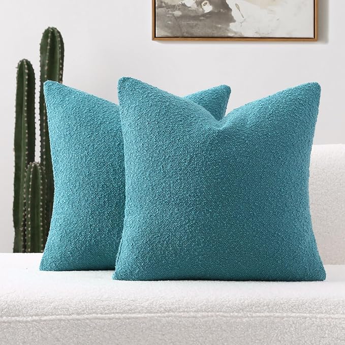 FUTEI Pack of 2 Teal Blue Decorative Throw Pillow Covers 20x20 Inch Soft Cozy Solid Boucle Textured Cushion Case,Modern Home Decor for Couch Bed Living Room