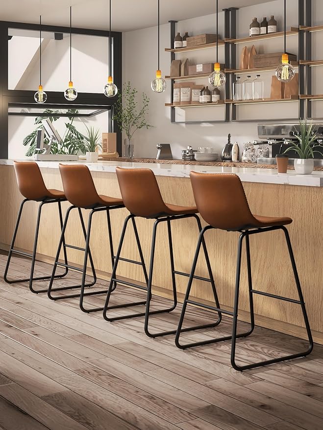Bar Stools Set of 6, 26 Inches Counter Height Bar Stools with Back, Modern Faux Leather Barstools with Metal Legs and Footrest, Bar Chairs for Kitchens Island (Dark Brown)