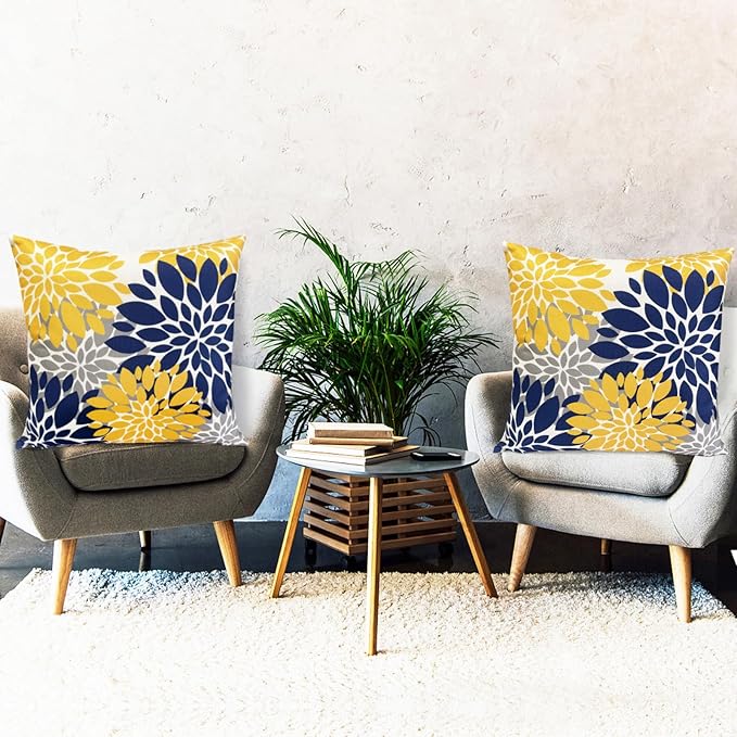Decorative Throw Pillow Covers Set of 2 Blue Yellow Pillow Covers 22x22 Inch Couch Pillow Covers for Sofa Living Room Outdoor Throw Pillow Cover Linen Floral Flower Farmhouse Pillowcase