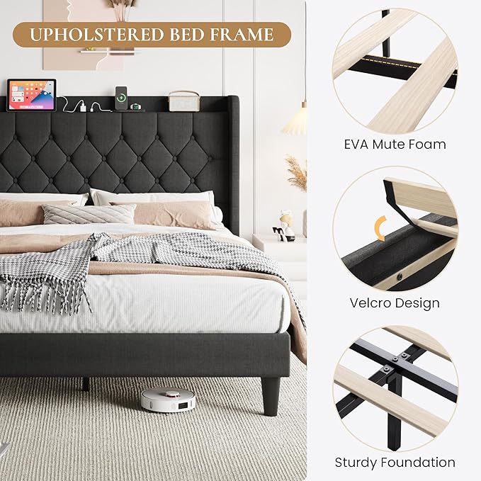 SHA CERLIN King Size Platform Bed Frame with Charging Station, Velvet Wingback Headboard with Storage Shelf, Wooden Slats Support, Ample Under-Bed Space, No Box Spring Needed, Easy Assembly, Dark Grey