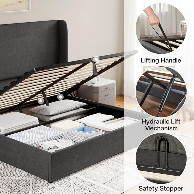 Jocisland Lift Up Storage Bed Queen Size Linen Upholstered Platform Bed Frame/Hydraulic Storage/Modern Wingback Headboard/No Box Spring Needed/Wood Slats Support/Dark Grey