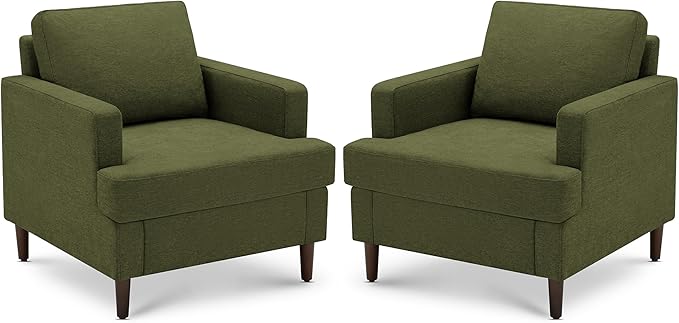Mid-Century Accent Chair,Modern Linen Fabric Armchair for Living Room,Comfy Upholstered Reading Accent Chairs for Bedroom,Single Sofa Chair with Wood Legs (Green, 2 Pack)