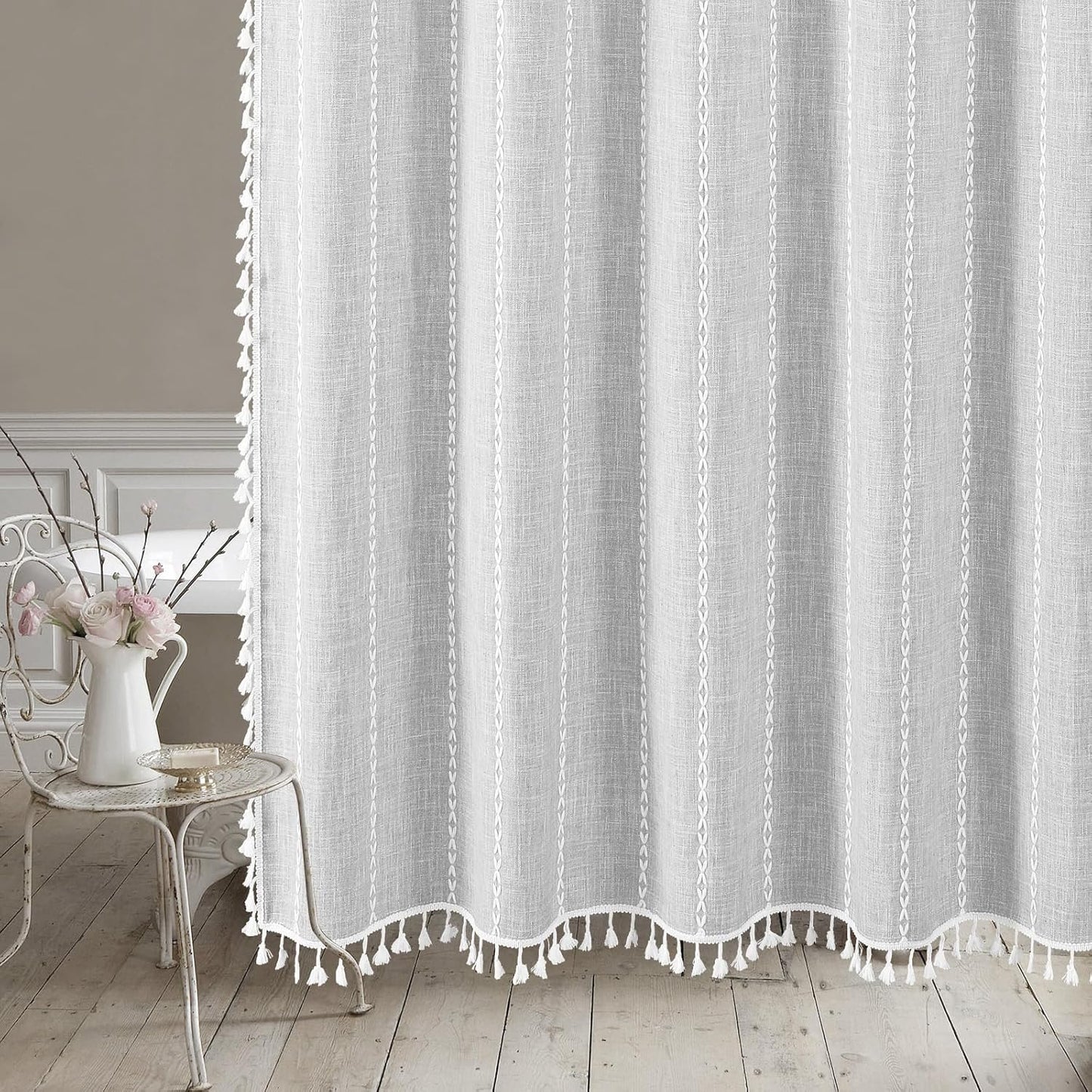 MitoVilla Grey Boho Farmhouse Small Stall Shower Curtain Set 36 x 72, Half Size Narrow Polyester Linen Fabric Shower Curtains for Farmhouse Bathroom Decor, Light Grey