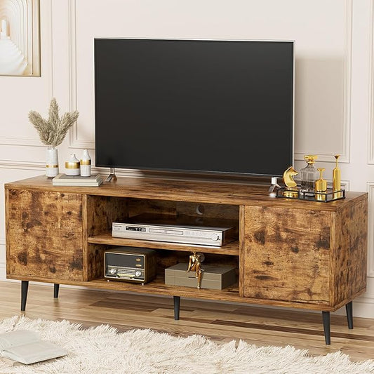 YESHOMY Modern TV Stand for 65" Television, Entertainment Center with Two Storage Cabinets and Open Shelves, Retro Style Media Console for Living Room, Bedroom, Office, 58 Inch, Rustic Brown
