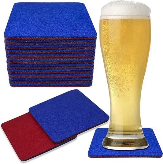 A&A Wonders Premium Felt Coasters for Drink, Two-Tone Reversible, Absorbent Felt Protects Furniture, Table, Anti Slip, Suitable for Drinks & All Table Types (Wine Red/Royal Blue, Square 18 Pack)
