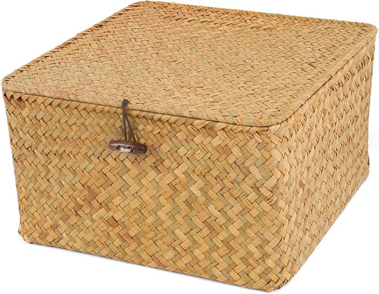 Wicker Shelf Baskets with Lid, Handwoven Seagrass Storage Basket Bins Square Gift Boxes for Shelves Home Decor Organizer (Natural, Medium)