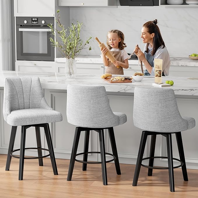 Counter Height Swivel Bar Stool, 24" Upholstered Fabric Barstools Set of 3, Counter Stool Chair with Back & Solid Wood Legs for Kitchen Island Dining Room (Light Gray)