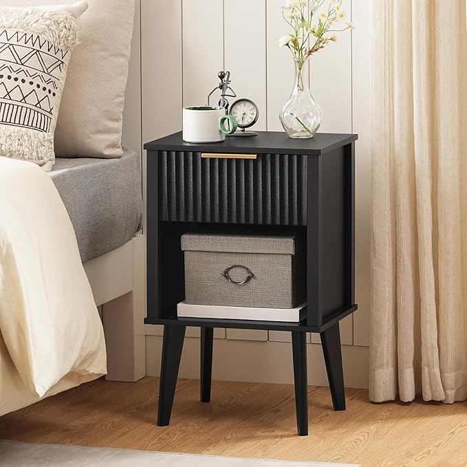 End Table, Fluted Night Stand, Modern Side Table, Bedside Table with 1 Drawer and 1 Open Compartment, Mid Century Nightstand, for Living Room, Bedroom, Study, Office, Black ETBK6201