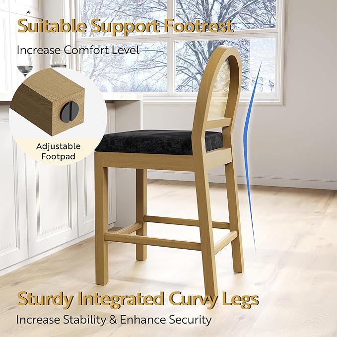 STHOUYN Upholstered Rattan Bar Stools Set of 4, Wooden Counter Height Stools with Natural Rattan Woven Back and Chenille Seat, Mid-Century Modern Island Chairs Barstools for Kitchen (4, Black)