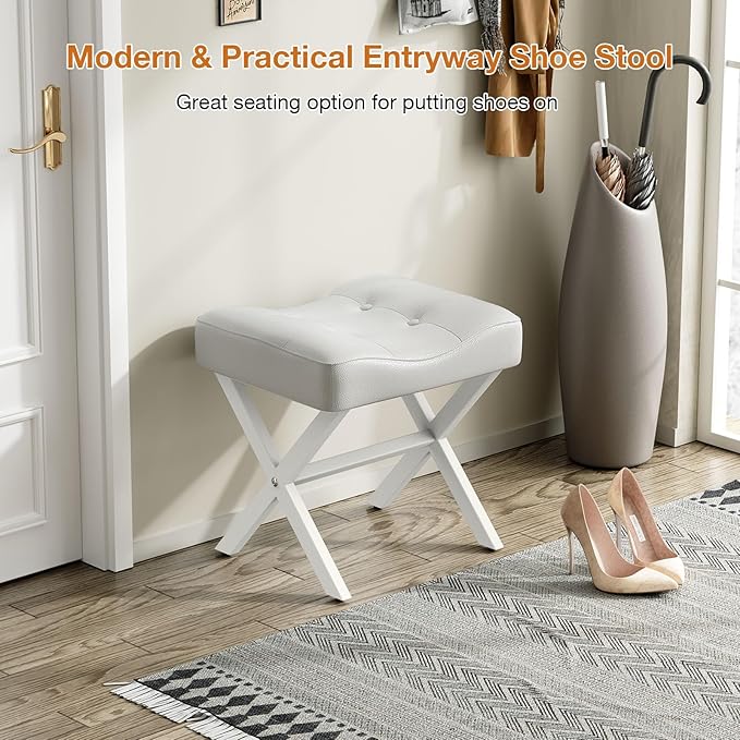 18-Inch Large Leather Vanity Stool, Vanity Chair with Metal X-Leg, Ottoman Accent Stool with Thick Padded Saddle Seat, White