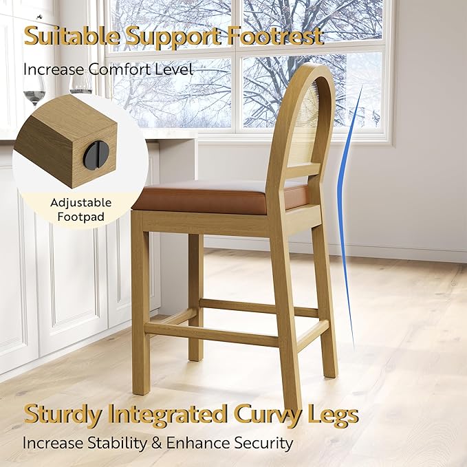 STHOUYN Upholstered Rattan Bar Stools Set of 2, Wooden Counter Height Bar Stools with Natural Rattan Woven Back and Faux Leather Seat, Mid-Century Modern Island Chairs Barstools for Kitchen (2, Brown)