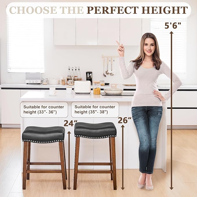 PrimeZone Counter Height Bar Stools Set of 4 - Backless Saddle Barstools with 4.3" Thick Upholstered, Nailhead Trim Faux Leather & Solid Wood Legs, 26 Inch Counter Stools for Kitchen Island, Black