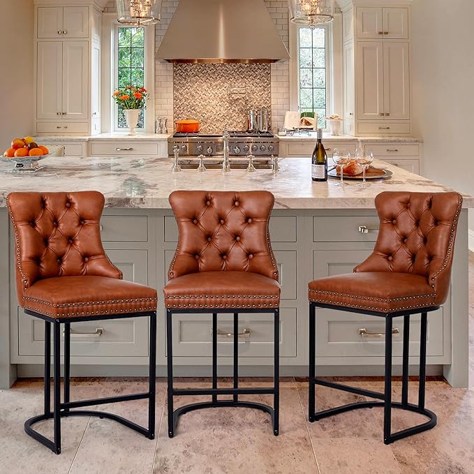 UVV Counter Height Bar Stools Set of 1, 26" Modern Barstools with Back, Faux Leather Upholstery Counter Chairs with Metal Legs for Kitchen Island, Bar, Counter, Brown