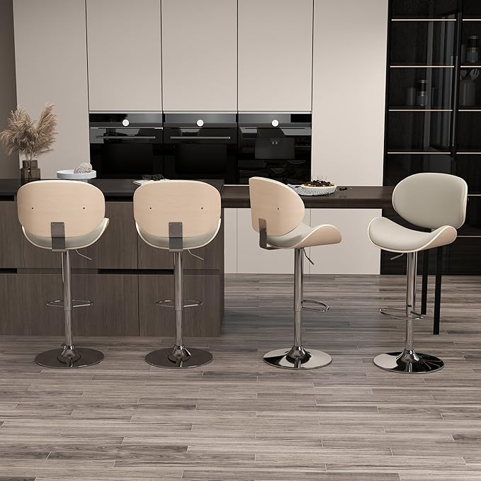 KCC Bar Stools, Swivel Adjustable Height Barstools, PU Leather Upholstered Bar Chairs with Footrest, Bentwood Bar Stool for Kitchen, Bar, Dining Room(Grey PU)