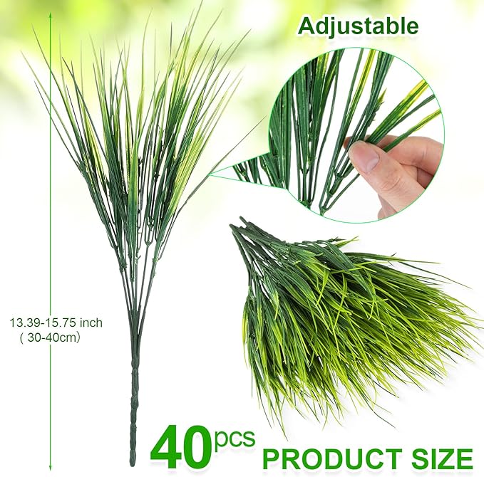 Ysleen 40 Bundles Artificial Grasses Outdoor UV Resistant Fake Plants No Fade Faux Grass Plastic Wheat Grass Greenery Shrubs Garden Porch Window Box Decorating Craft