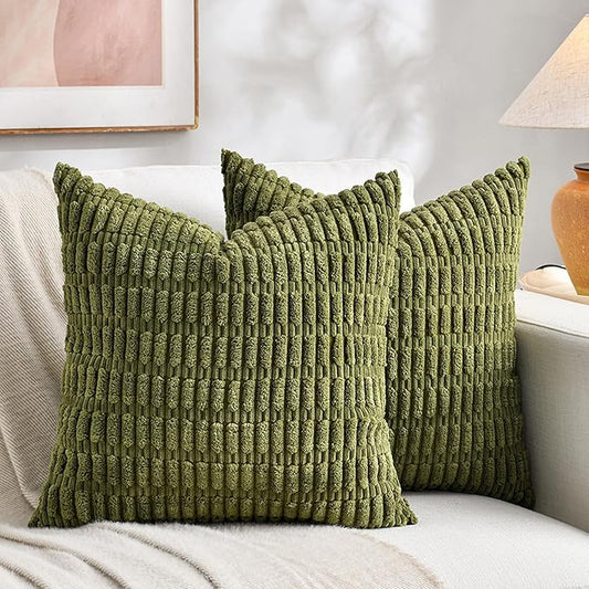 Fancy Homi 2 Packs Boho Moss Green Decorative Throw Pillow Covers 20x20 Inch for Couch Bed Sofa, Rustic Modern Farmhouse Home Decor, Soft Plush Corduroy Square Cute Cushion Case 50x50 cm