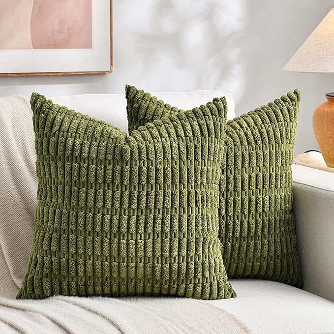 Fancy Homi 4 Packs Boho Moss Green Decorative Throw Pillow Covers 26x26 Inch for Couch Bed Sofa, Rustic Modern Farmhouse Home Decor, Soft Plush Corduroy Cute Square Cushion Case 66x66 cm