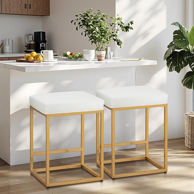 PHI VILLA Bar Stools Set of 3 - Thick Cushion Metal Steel Frame Base with Footrest Kitchen Stools, Gold Bar stools