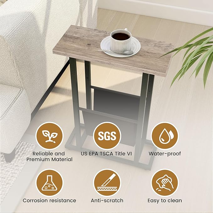 Narrow Side Table with PU Leather Magazine Holder Rustic Slim Little Thin Table for Living Room, Bedroom, Sofa, Grey