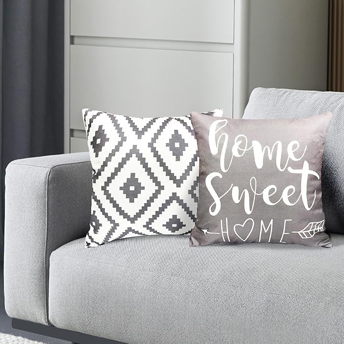 Decorative Throw Pillow Covers Set of 4 Grey Pillow Covers 18x18 inch Throw Pillows Linen Square Pillow Case,Farmhouse Outdoor Modern Geometric Pillow Covers for Couch Sofa Living Room