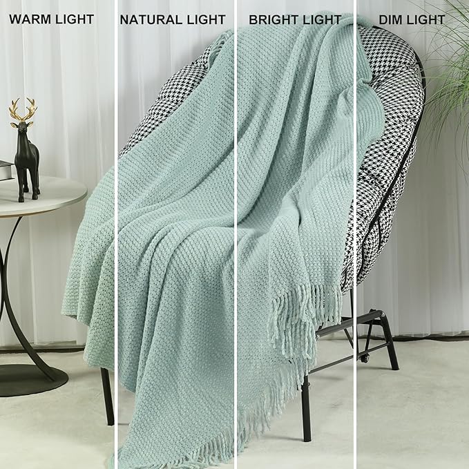 Blagic Knitted Throw Blanket for Couch, Soft Farmhouse Throw Blanket with Tassels,Home Decorative Lightweight Blankets,Spring Throws for Bed/Chair/Sofa,Wheat Textured (Light Blue&White,50" W x 60" L)