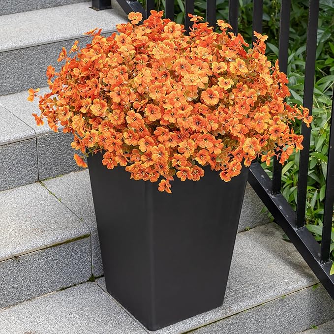 20 Bundles Artificial Fake Mums for Outdoor Fake Plants for Autumn Decoration,Faux Eucalyptus Flowers for Planter UV Resistant Lifelike for Home Porch Garden (Fall Orange)