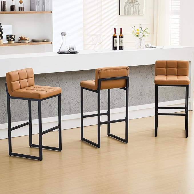 Set of 3 Bar Stools, PU Leather Barstools, 30" Modern High Counter Stools with Back and Thickened Metal Legs, Upholstered Island Chairs for Kitchen Island (Caramel Brown, 3Pcs 30" Bar Stools)