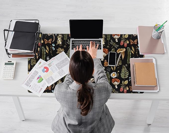 Cool Skull Desk Mat Floral Mouse Pad Black Mushroom Plants Goth Desk Pad XXL Large Gaming Mousepad Laptop Computer Keyboard Mouse Mat 31.5x15.75 in, Office Desk Mats Decor Accessories for Women