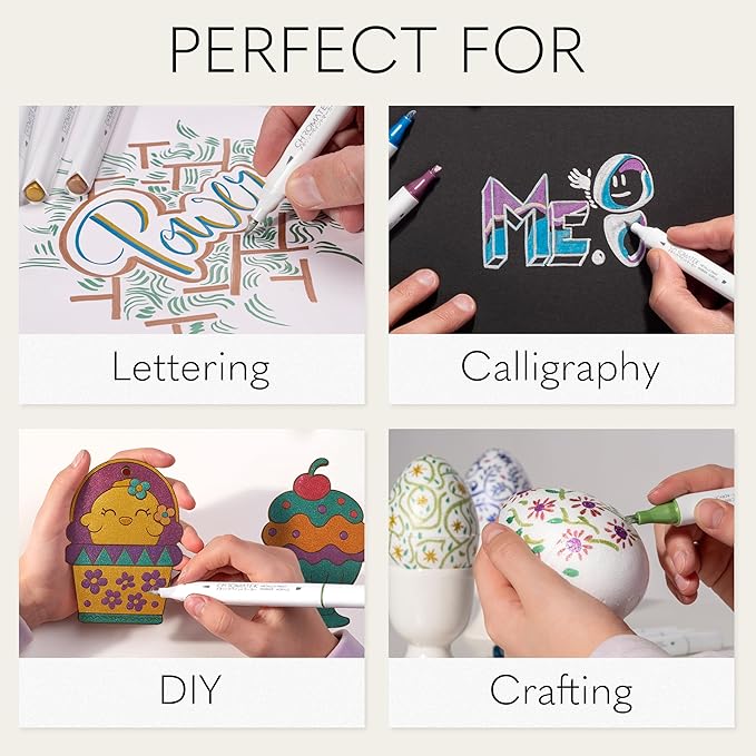 CHROMATEK Dual Tip Metallic Paint Markers - 12 Colors Brush & Chisel Tip Paint Pens for Black Paper, Rock Painting, Scrapbooking, Card Making, Photo Album, Glass, DIY Crafts Art Supplies, Waterproof